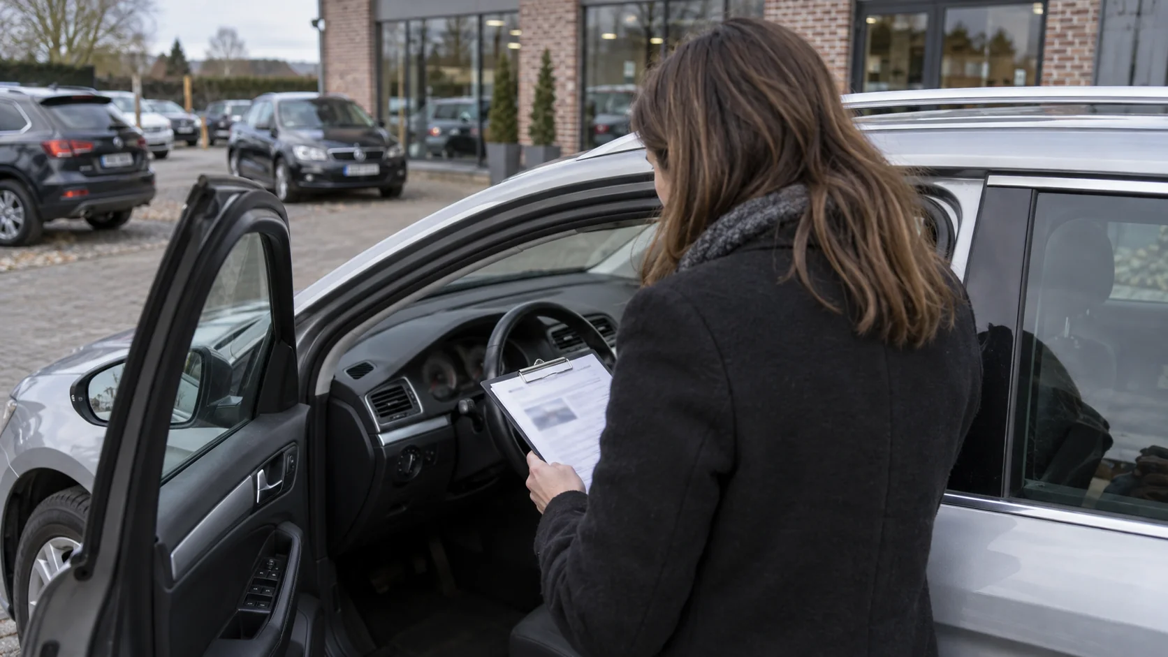 Técnica contrastando documentación junto al puesto de conducción de un coche usado en Bélgica.