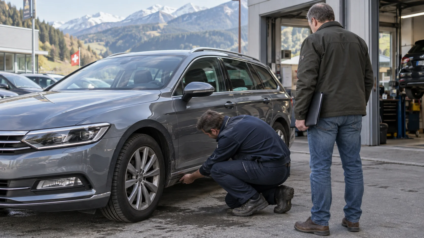 Inspección del estribo de un coche usado junto a su comprador en Suiza.