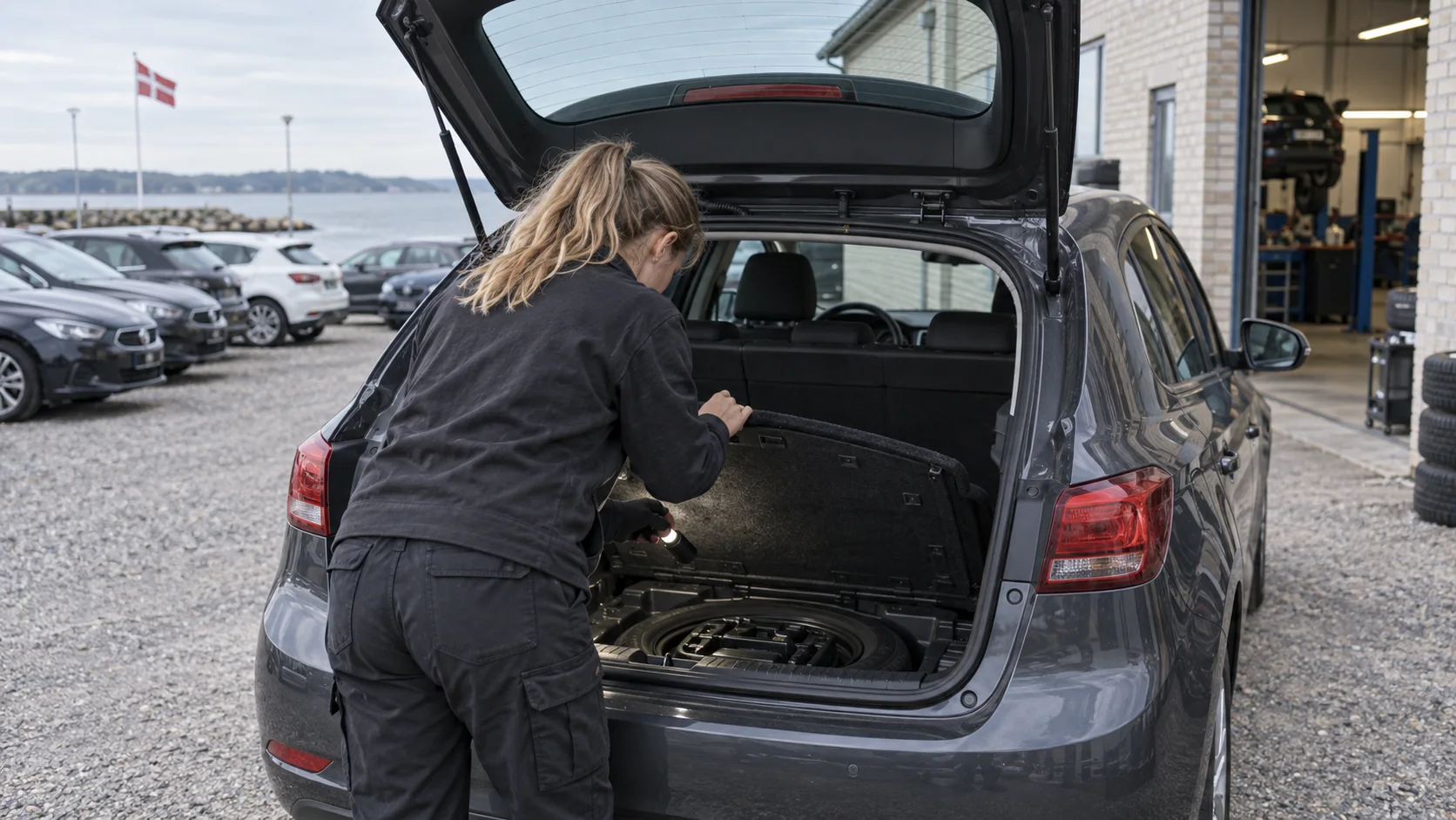 Técnica comprobando el suelo del maletero de un coche usado en Dinamarca.