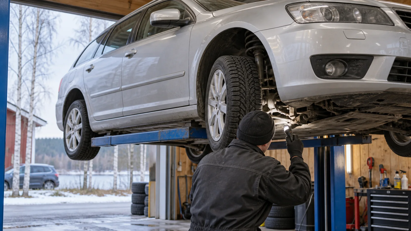 Técnico examinando la suspensión de un coche usado elevado en un taller finlandés.